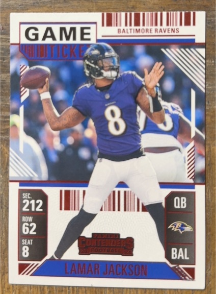 2024 Panini Contenders #7 Lamar Jackson Game Ticket Red Parallel — front