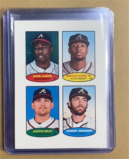 2023 Topps Heritage 1974 Topps Stamps #74BS-17-20 Hank Aaron, Ronald Acuña Jr., Austin Riley, Dansby Swanson — front