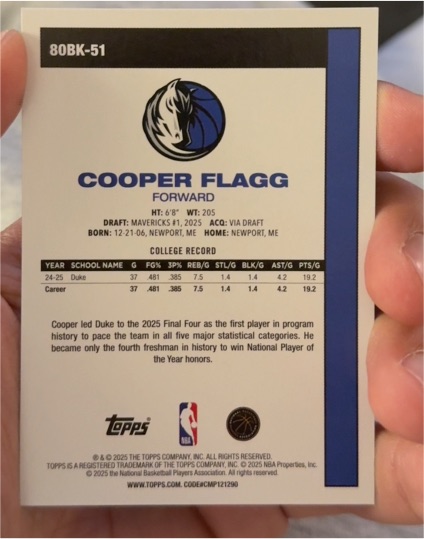 2025 Topps #80BK-51 Cooper Flagg — front