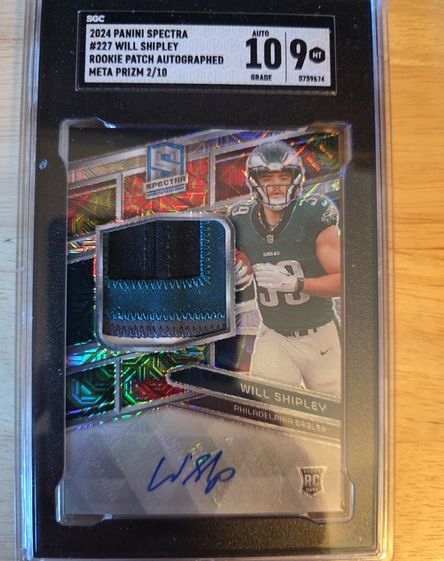 2024 Panini Spectra #227 Will Shipley Rookie Patch Autographed Meta Prizm 2/10 — front