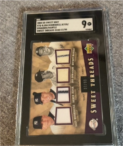 2004 UD Sweet Shot STO-8 Alex Rodriguez/Joe DiMaggio/Mickey Mantle/Derek Jeter Sweet Threads Quad 37/99 — front
