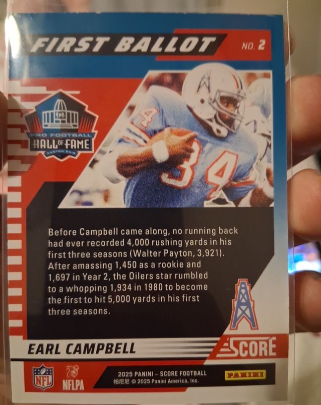 2025 Panini Score First Ballot #2 Earl Campbell — front