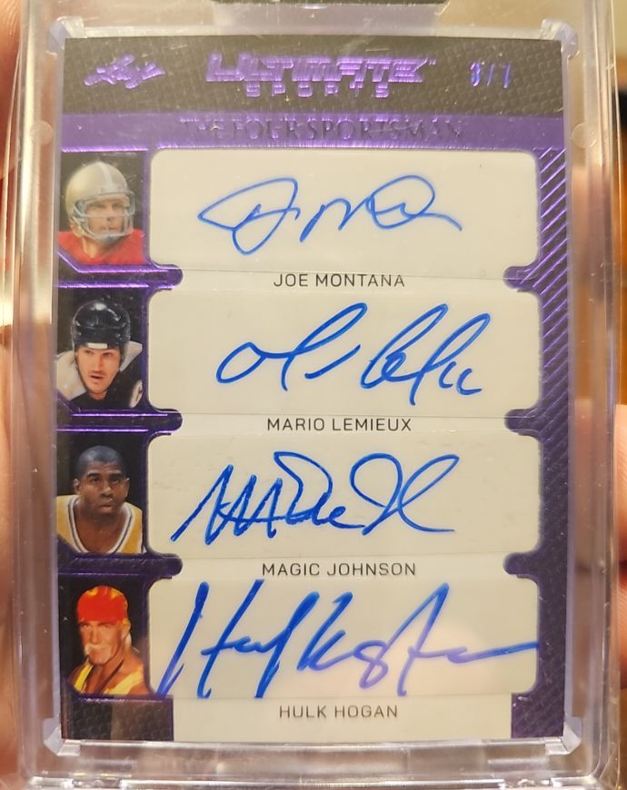 2024 Leaf Ultimate Sports The Four Sportsman Purple #FS5 Joe Montana/Mario Lemieux/Magic Johnson/Hulk Hogan — front