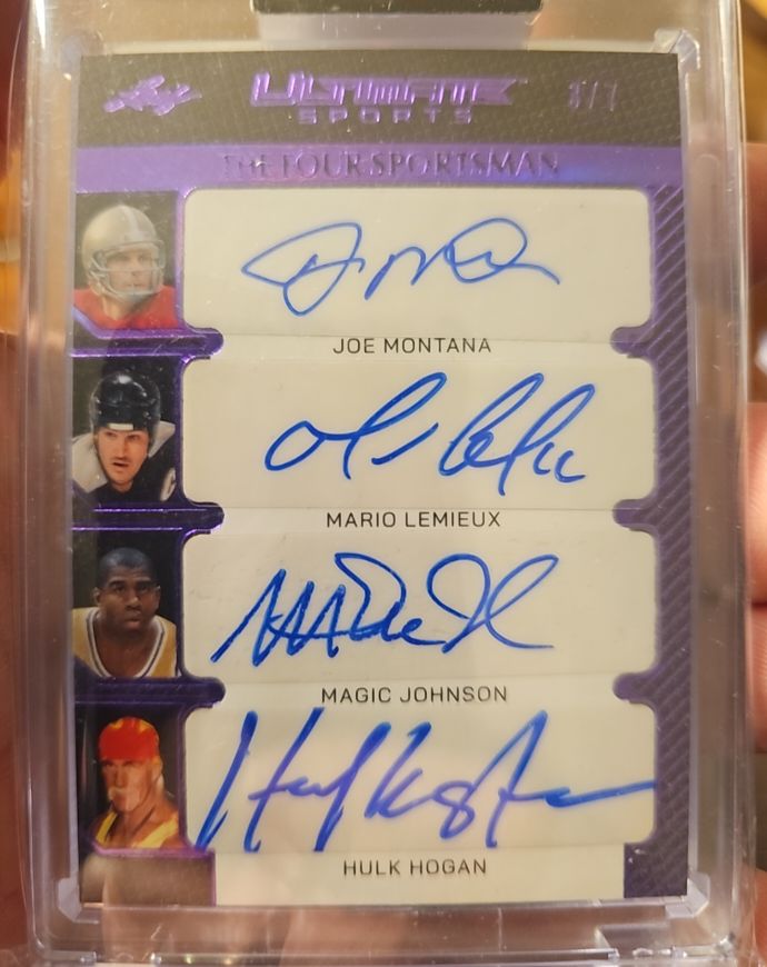 2024 Leaf Ultimate Sports The Four Sportsman Purple #FS5 Joe Montana/Mario Lemieux/Magic Johnson/Hulk Hogan — front