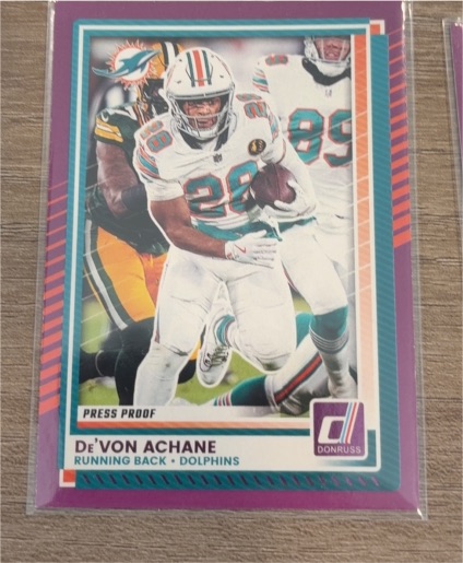 2025 Donruss #110 De'Von Achane Purple Press Proof Miami Dolphins — front