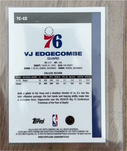 2025 Topps #TC-CE VJ Edgecombe — front