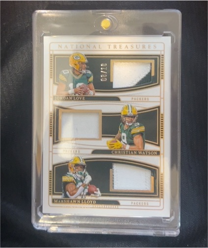2024 Panini National Treasures Jordan Love Christian Watson MarShawn Lloyd Triple Patch #/10 — front