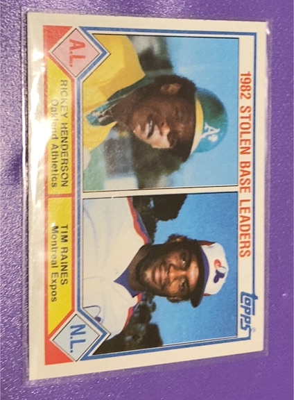 1983 Topps #704 1982 Stolen Base Leaders Rickey Henderson / Tim Raines — front