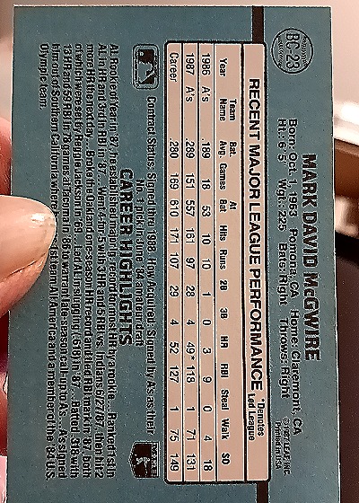1988 Donruss #BC-23 Mark McGwire — back