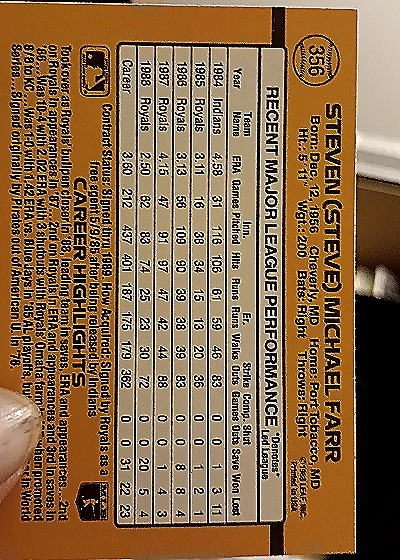 1989 Donruss #356 Steve Farr — back