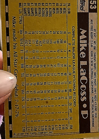 1990 Topps #53 Mike LaCoss — back