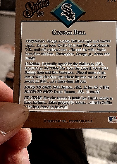 1992 Leaf Studio Baseball #151 George Bell — back