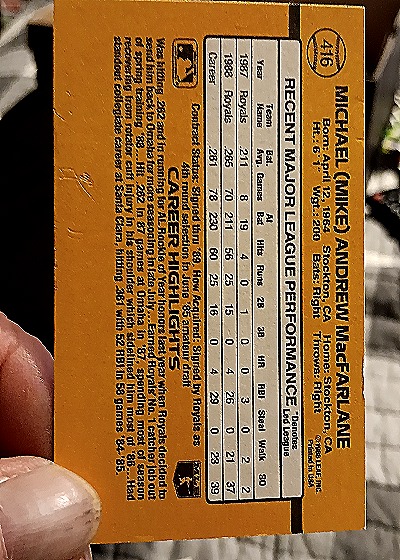 1989 Donruss #416 Mike Macfarlane — back