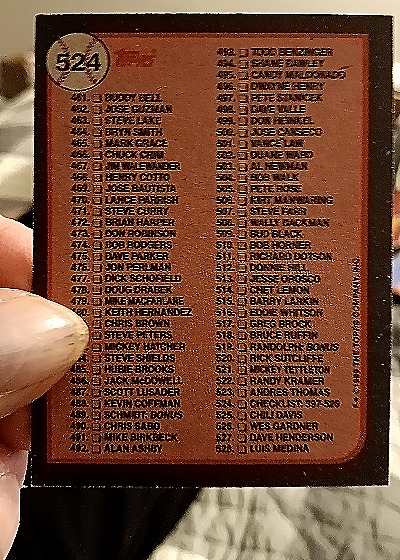 1989 Topps #524 Baseball Checklist — back