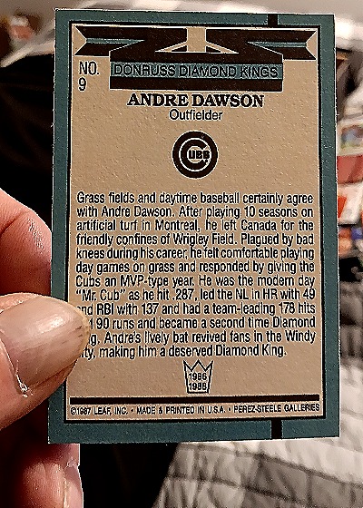 1987 Donruss Diamond Kings #9 Andre Dawson — back