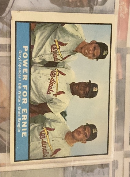 1961 Topps #451 Power For Ernie Daryl Spencer / Bill White / Ernie Broglio — front