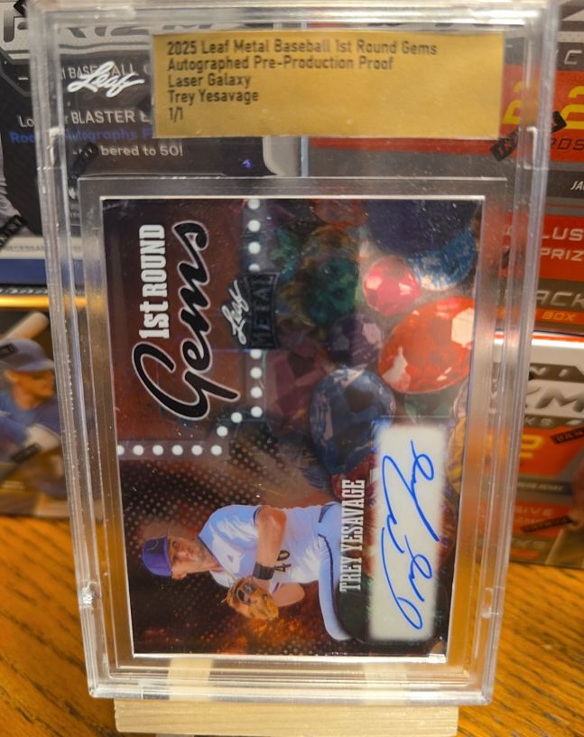 2025 Leaf Metal Baseball 1st Round Gems Autographed Pre-Production Proof Laser Galaxy Trey Yesavage 1/1 — front