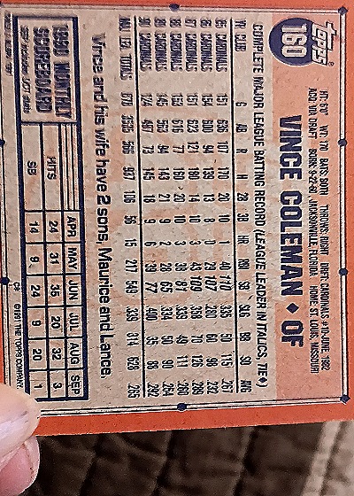 1991 Topps #160 Vince Coleman — back