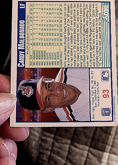 1991 Score #93 Candy Maldonado — back
