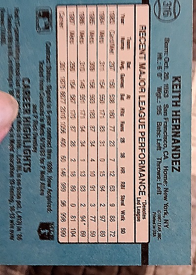 1988 Donruss #316 Keith Hernandez — back