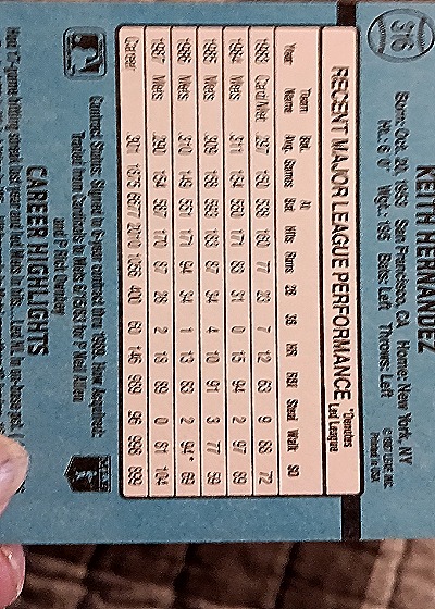 1988 Donruss #236 Keith Hernandez — back