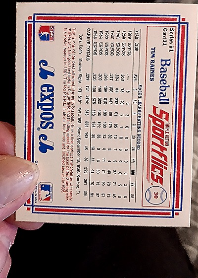 1986 Sportflics #30 Tim Raines — back