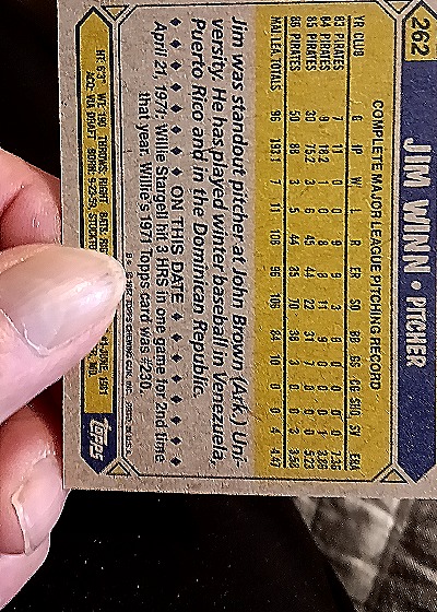 1987 Topps #262 Jim Winn — back