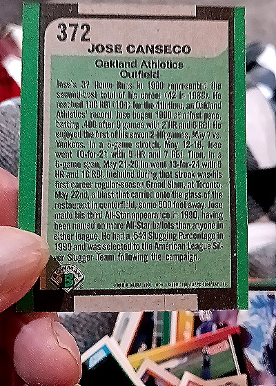 1991 Bowman #372 Jose Canseco — back