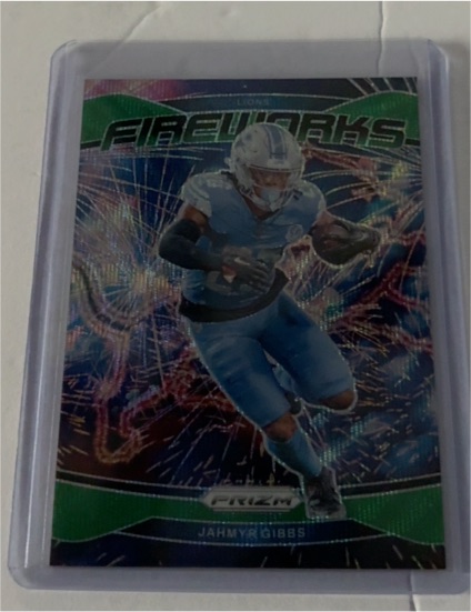 2024 Panini Prizm #7 Jahmyr Gibbs Fireworks Green Prizm — front