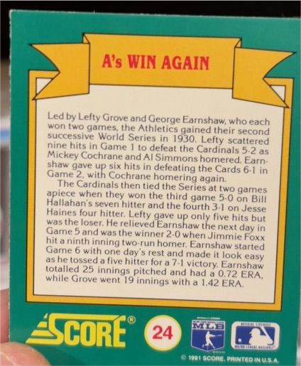 1991 Score #24 1923 World Series Trivia — front
