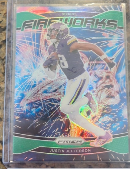 2024 Panini Prizm #8 Justin Jefferson Fireworks Green Prizm — front