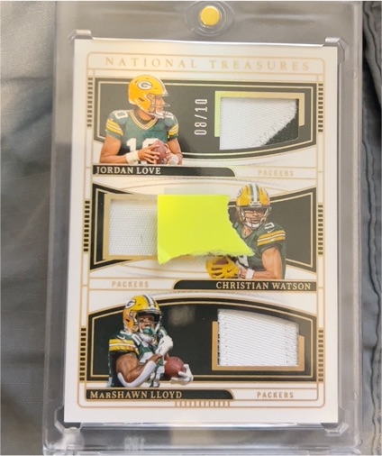 2024 Panini National Treasures #08/10 Jordan Love Christian Watson MarShawn Lloyd Trio Patch — front
