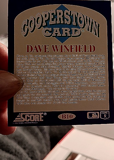 1992 Score Cooperstown #B10 Dave Winfield — back