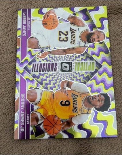 2024-25 Panini Donruss Optic #2 LeBron James/Bronny James Jr. Optical Illusions Purple Prizm — front