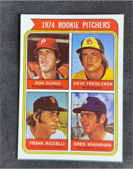 1974 Topps #599 Rookie Pitchers Ron Diorio/Dave Freisleben/Frank Riccelli/Greg Shanahan — front
