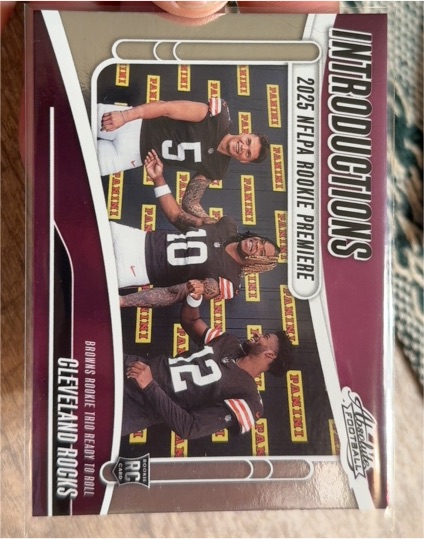 2025 Panini Absolute Introductions #I-QJS Cleveland Rocks Dillon Gabriel Quinshon Judkins Shedeur Sanders — front