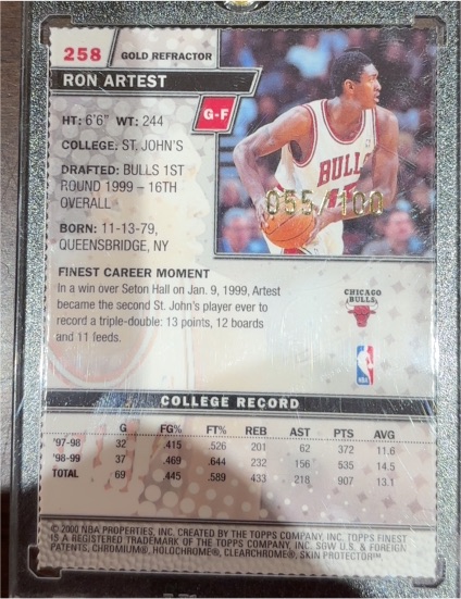 1999-00 Topps Finest #258 Ron Artest Gold Refractor — front