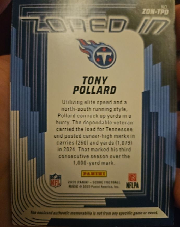 2025 Panini Score Zoned In #ZON-TPD Tony Pollard — front