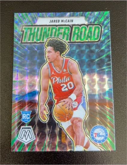2024-25 Panini Mosaic #17 Jared McCain Thunder Road Green Mosaic Prizm Rookie Card — front