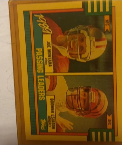 1990 Topps #229 1989 Passing Leaders (Joe Montana / Boomer Esiason) — front