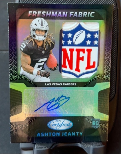 2025 Panini Certified Ashton Jeanty Freshman Fabric NFL Shield Rookie Patch Autograph — front
