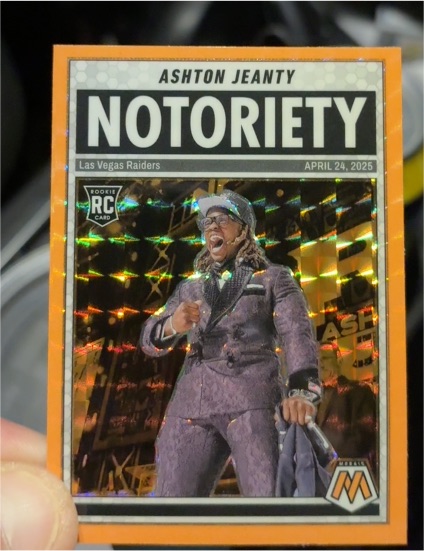 2025 Panini Mosaic #18 Ashton Jeanty Notoriety Orange Fluorescent Prizm Rookie Card — front