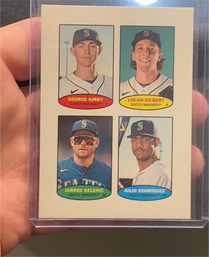 2023 Topps Heritage 1974 Stamps #74S-42 George Kirby / Logan Gilbert / Jarred Kelenic / Julio Rodriguez — front