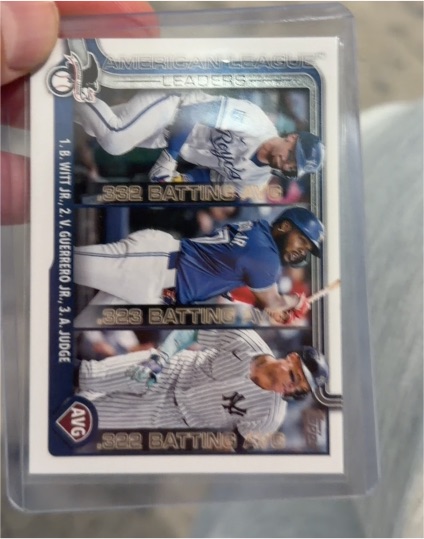 2025 Topps Series 1 #345 AL Batting Leaders Aaron Judge, Vladimir Guerrero Jr., Bobby Witt Jr. — front