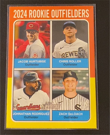 2024 Topps Heritage #622 Rookie Outfielders Jacob Hurtubise Chris Roller Johnathan Rodriguez Zach DeLoach — front