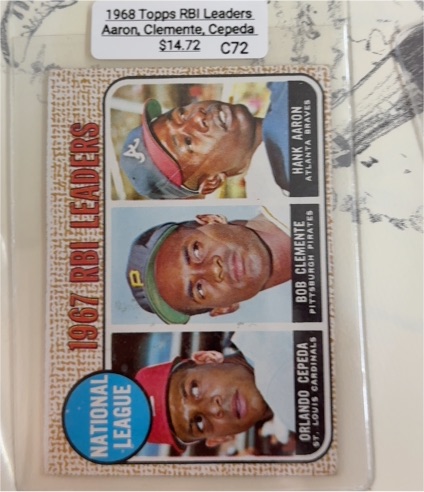 1968 Topps #3 NL RBI Leaders Hank Aaron, Roberto Clemente, Orlando Cepeda — front