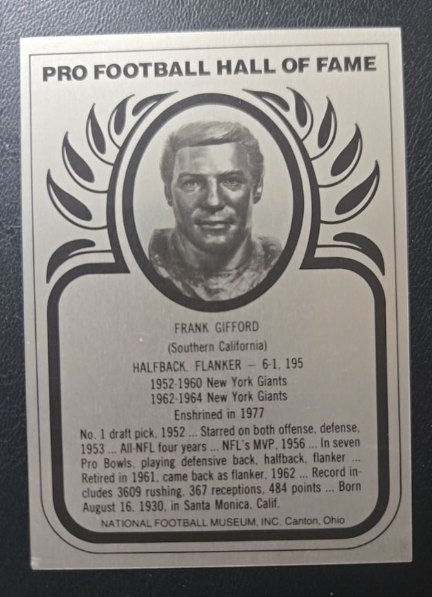 1981 Pro Football Hall of Fame Metallic Card Frank Gifford — front