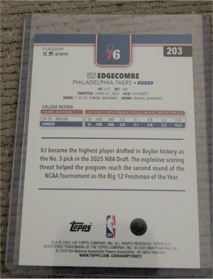 2025-26 Topps Basketball #203 VJ Edgecombe — front