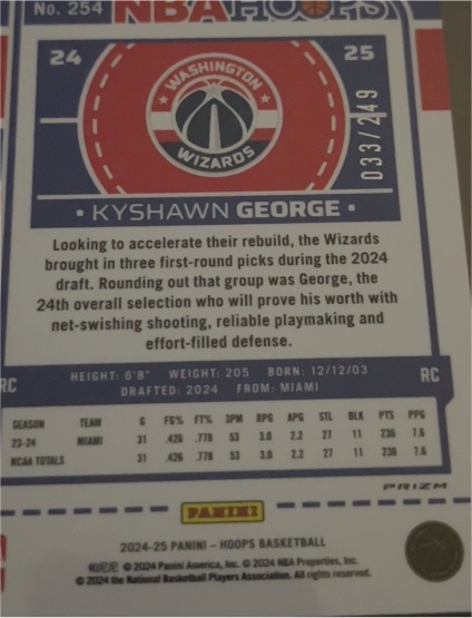 2024-25 Panini NBA Hoops #254 Kyshawn George — front
