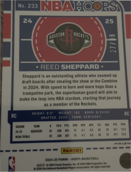 2024-25 Panini NBA Hoops #233 Reed Sheppard — front